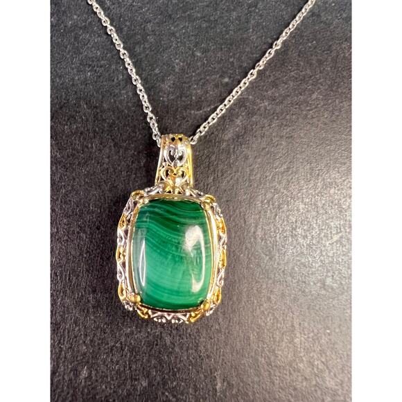 New Karis Platinum & 18K Gold Plated Malachite Pendant Necklace 20” - Picture 6 of 10